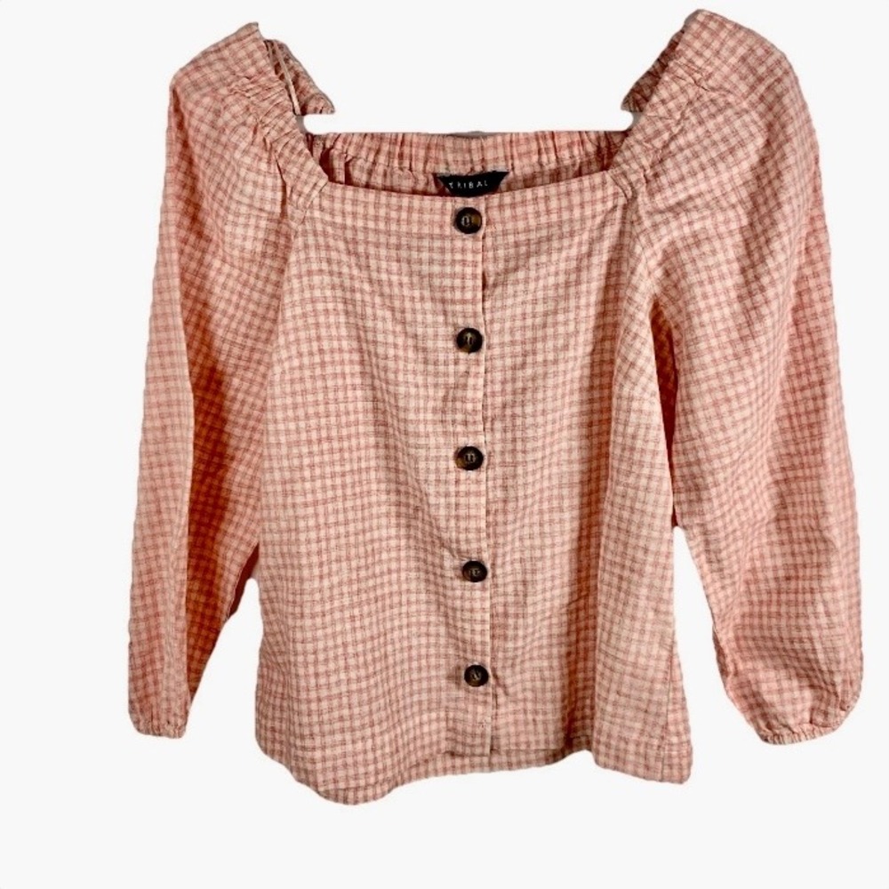 Tribal Pink Gingham Top Sz S Puff Sleeve Coquette Fairycore Cottagecore‎ Peasant